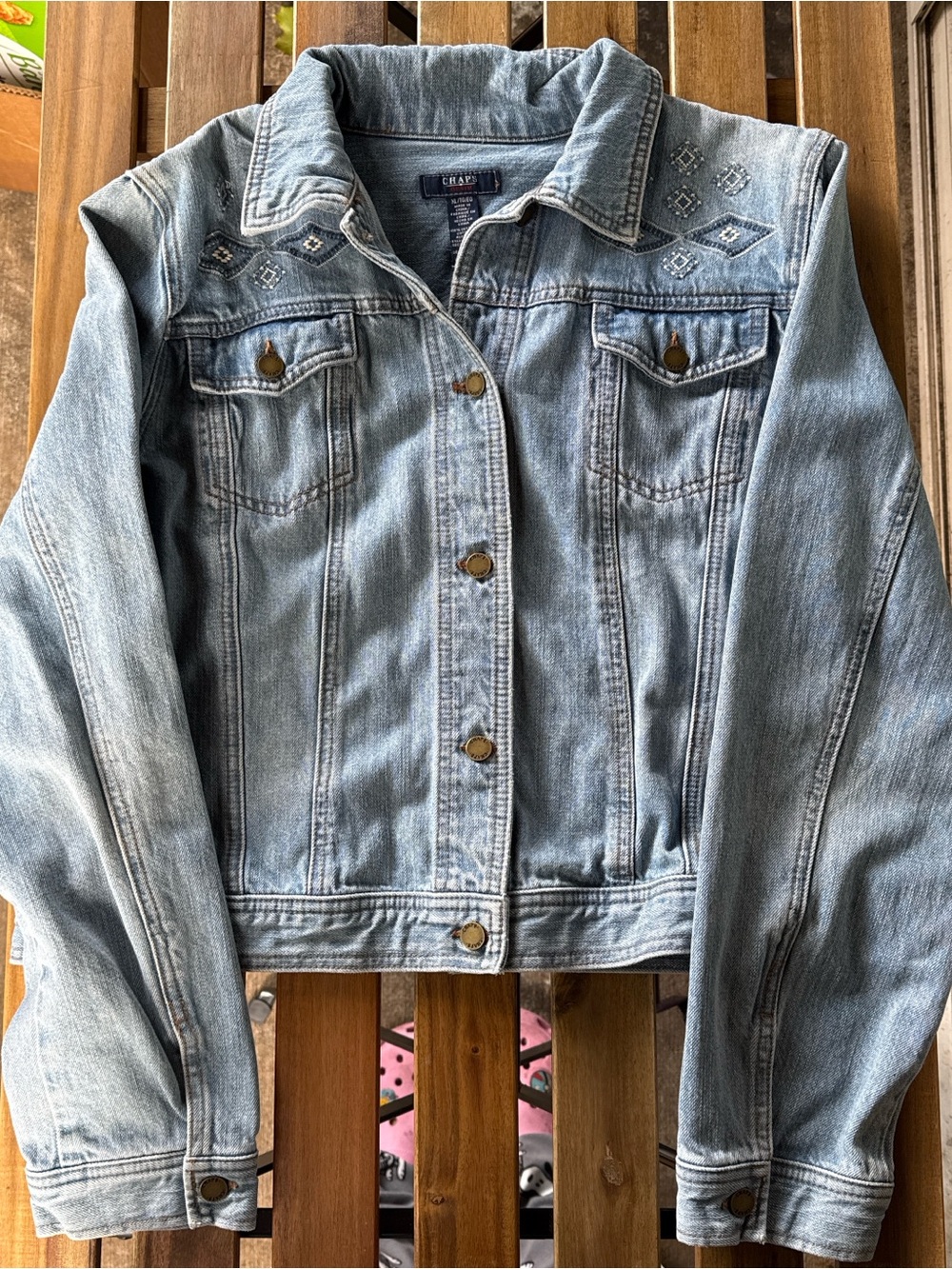 Chaps Light Blue Denim Jacket with Diamond Yoke Embroidery